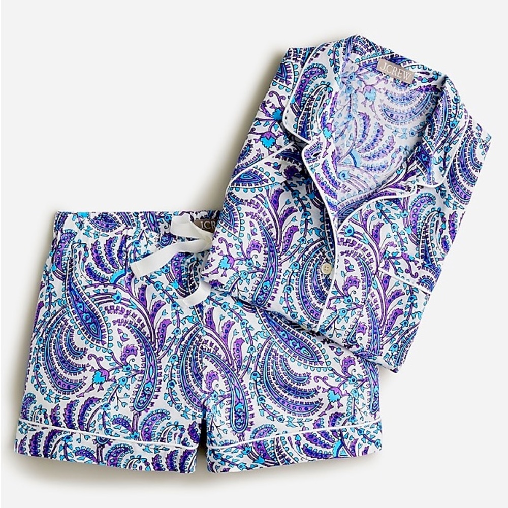 Short-sleeve cotton-linen blend pajama short set in purple paisley, Size M, NWT